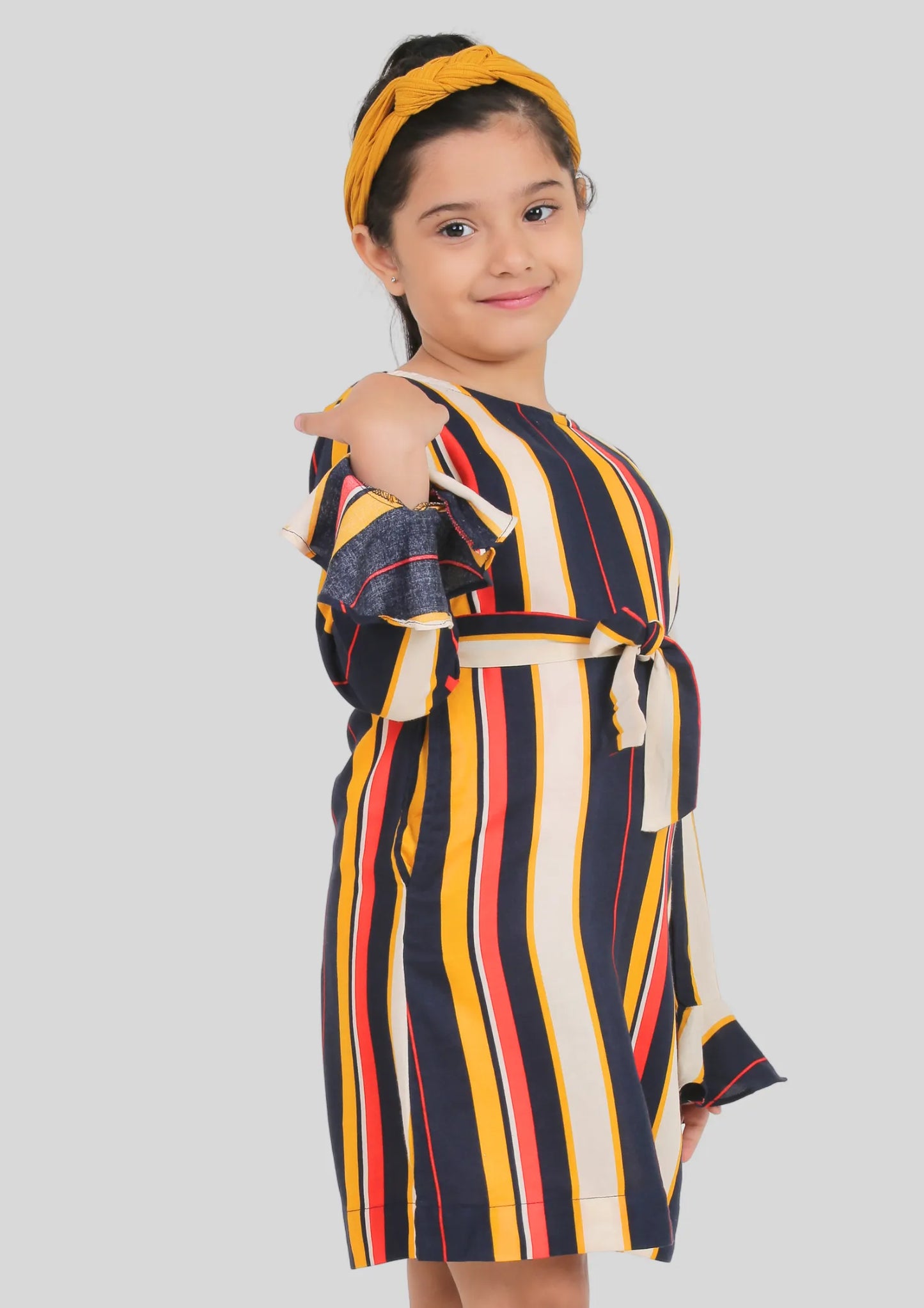 Multicolor Stripe Full Sleeves Midi Dress with Pocket