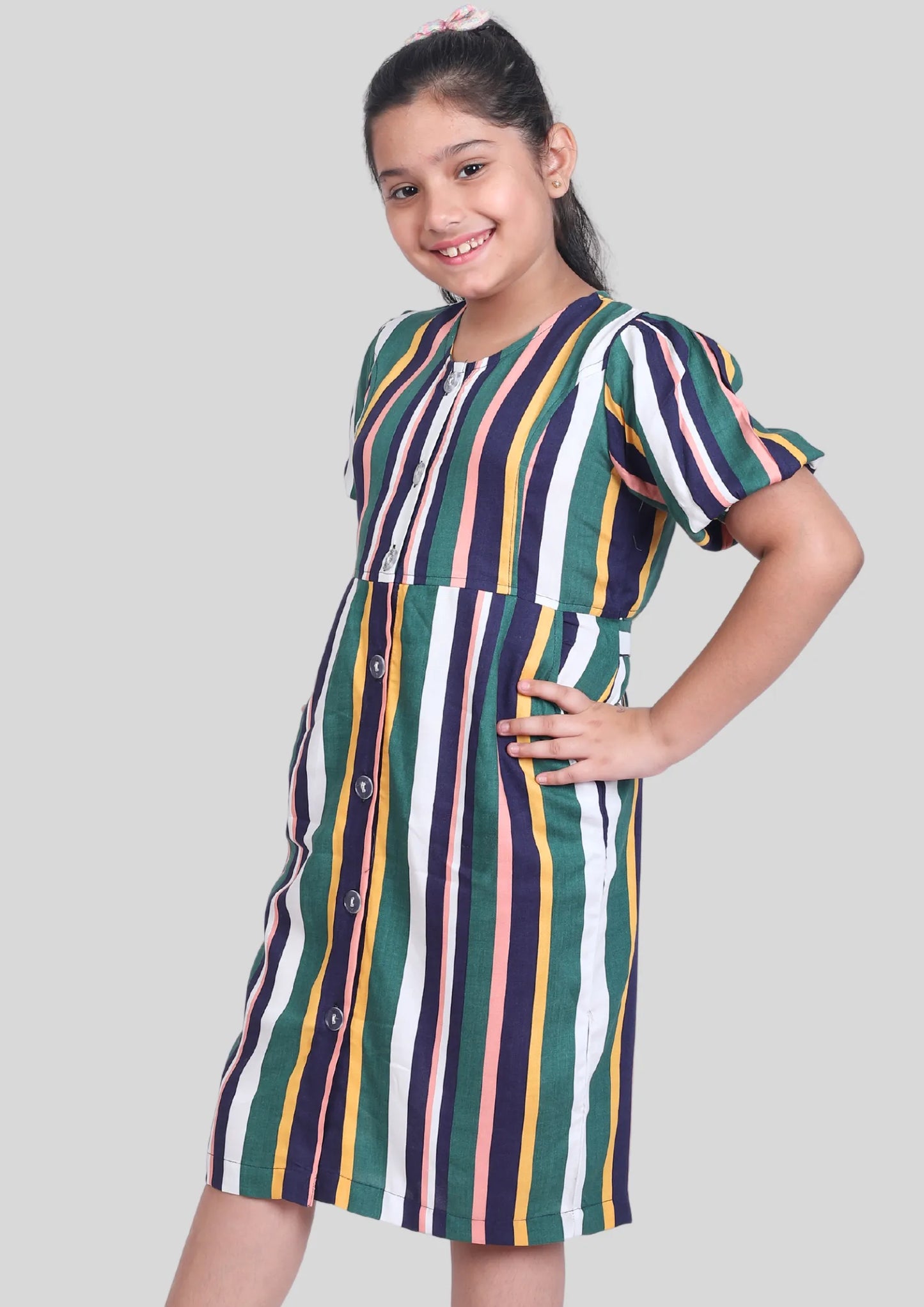 Multicolor Stripe Half Sleeves Midi Dress with Pocket