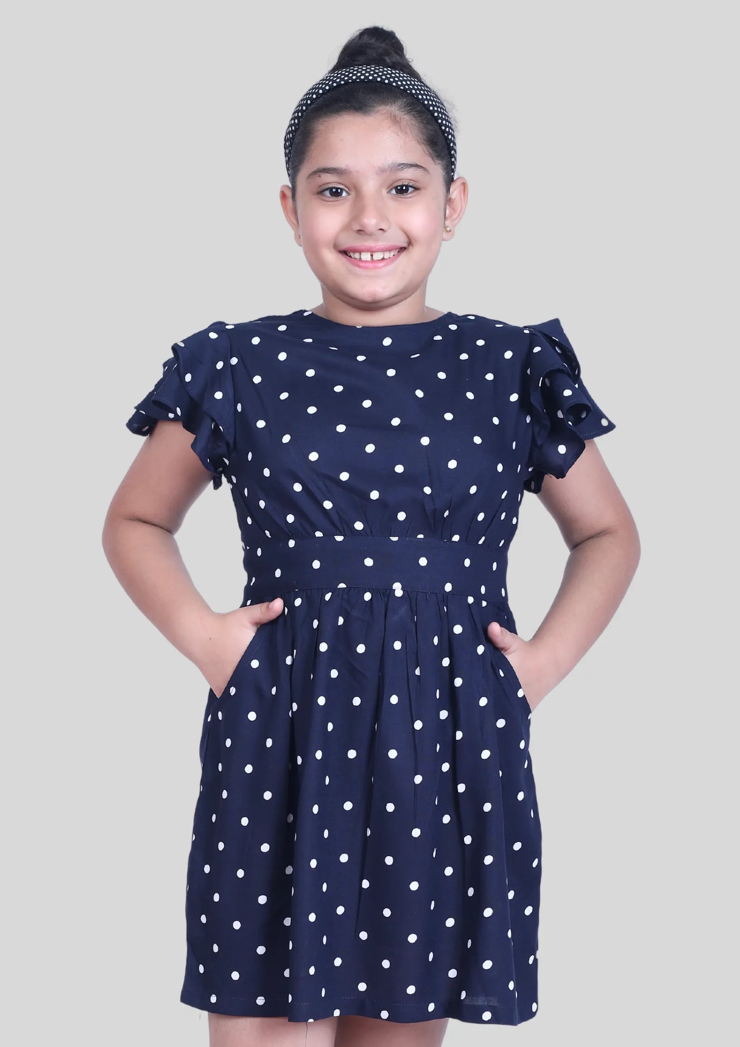 Navy Blue Polka Dot Backless Midi Dress with Pocket
