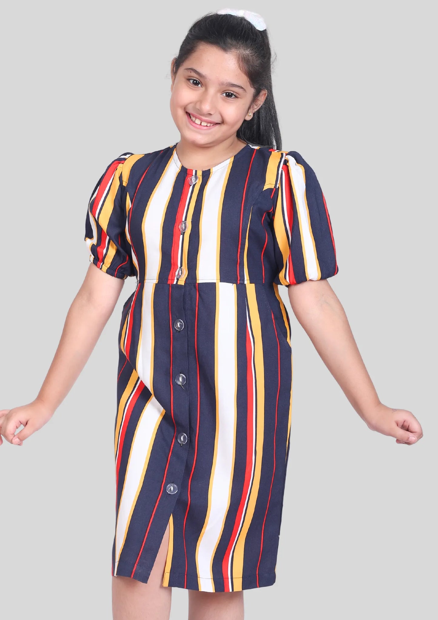 Multicolor Stripe Half Sleeves Midi Dress with Pocket