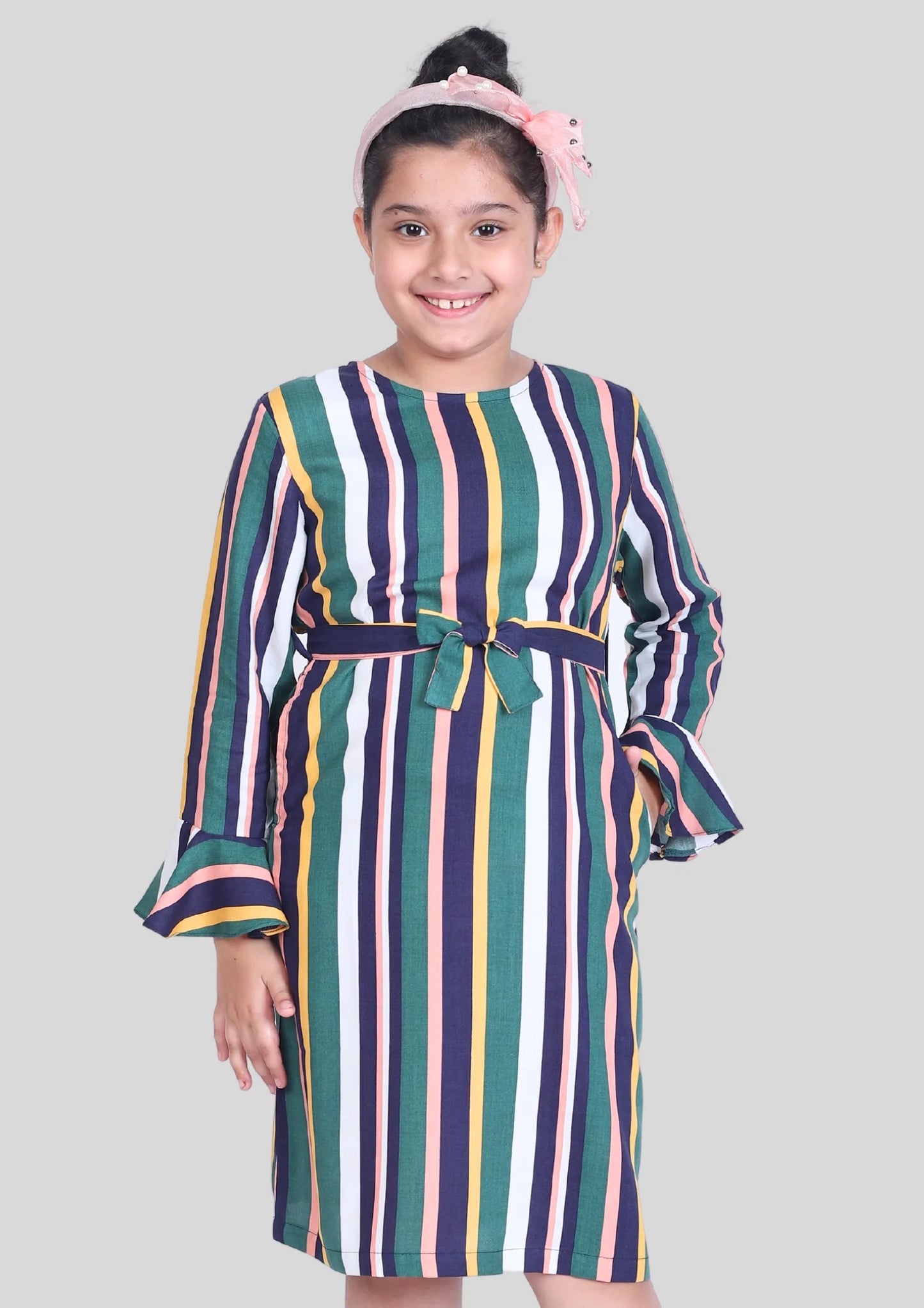 Multicolor Stripe Full Sleeves Midi Dress with Pocket