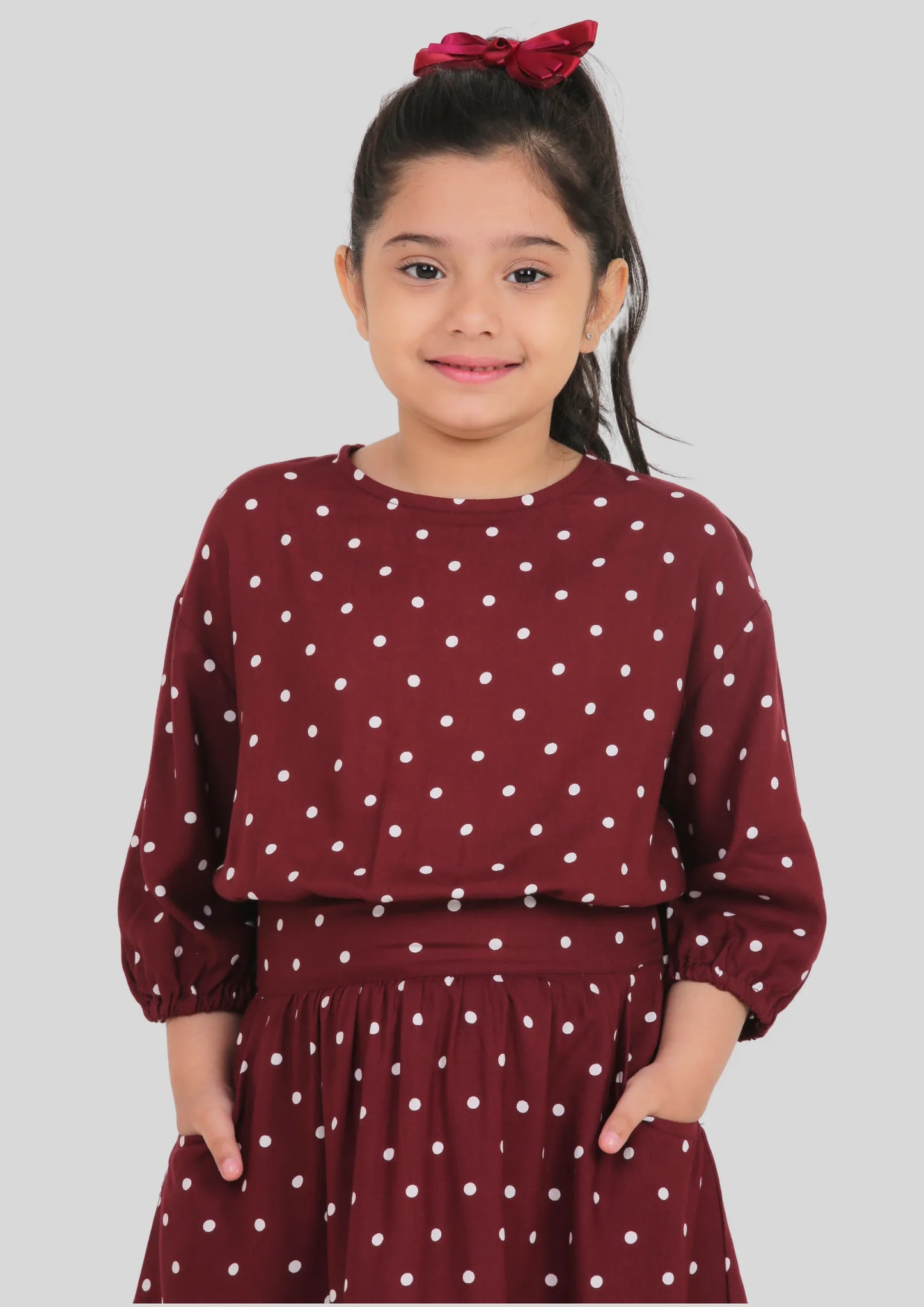 Maroon Polka Dot Drop Shoulder Midi Dress with Pocket