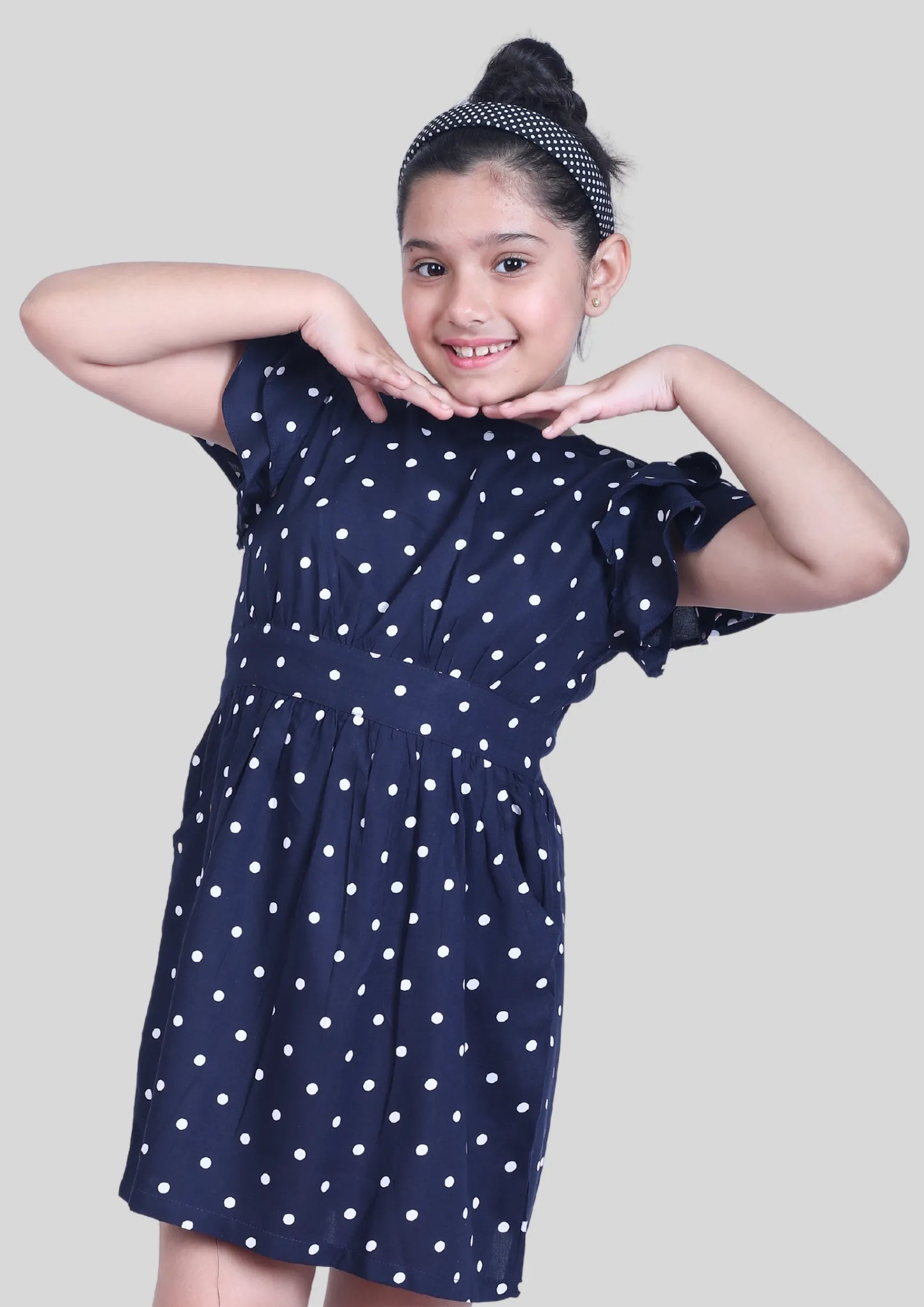 Navy Blue Polka Dot Backless Midi Dress with Pocket