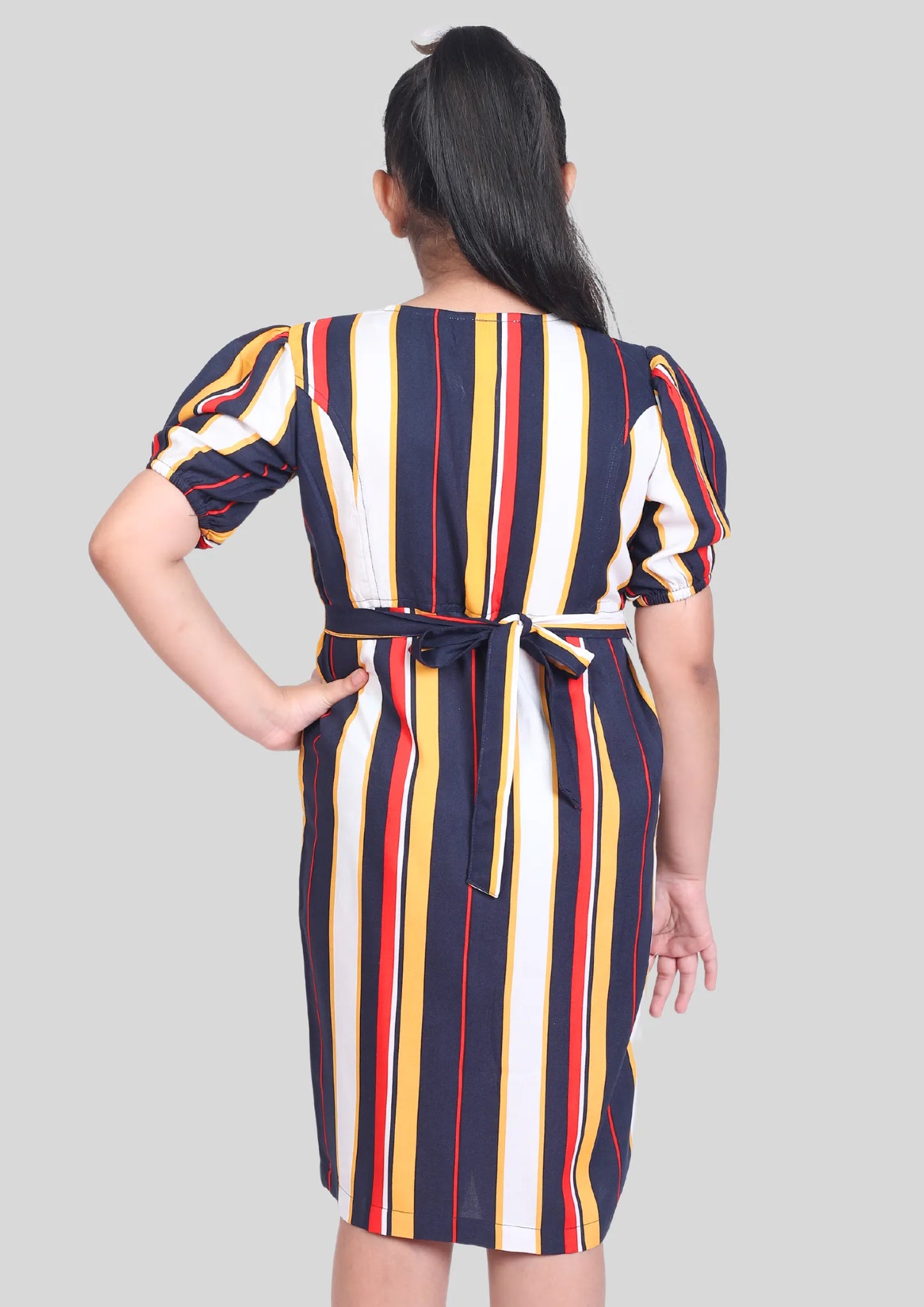 Multicolor Stripe Half Sleeves Midi Dress with Pocket