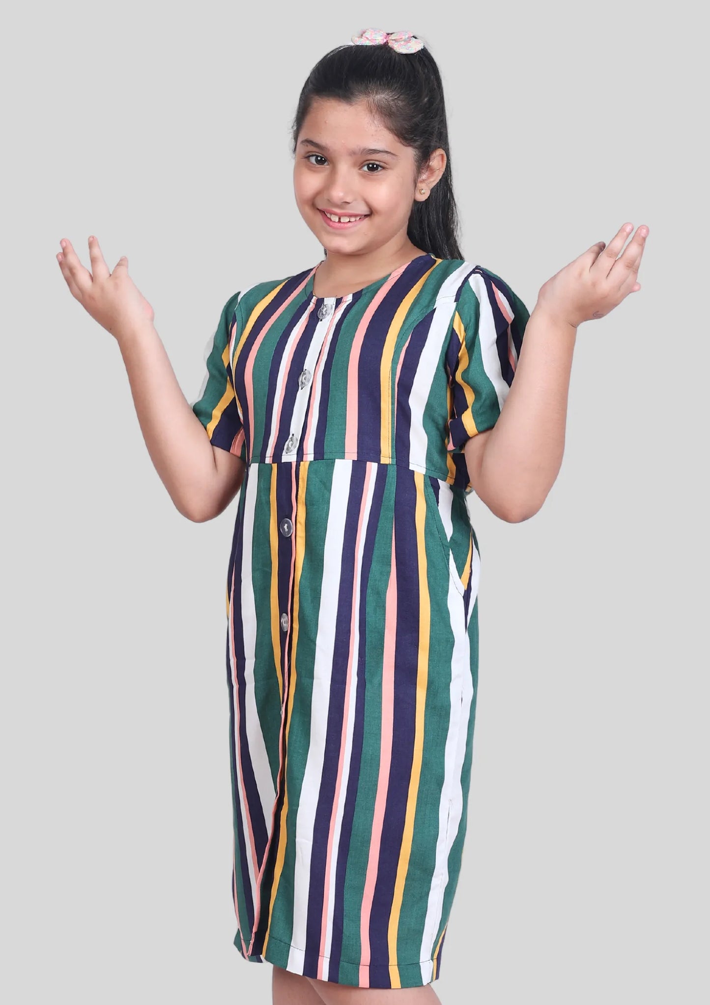 Multicolor Stripe Half Sleeves Midi Dress with Pocket