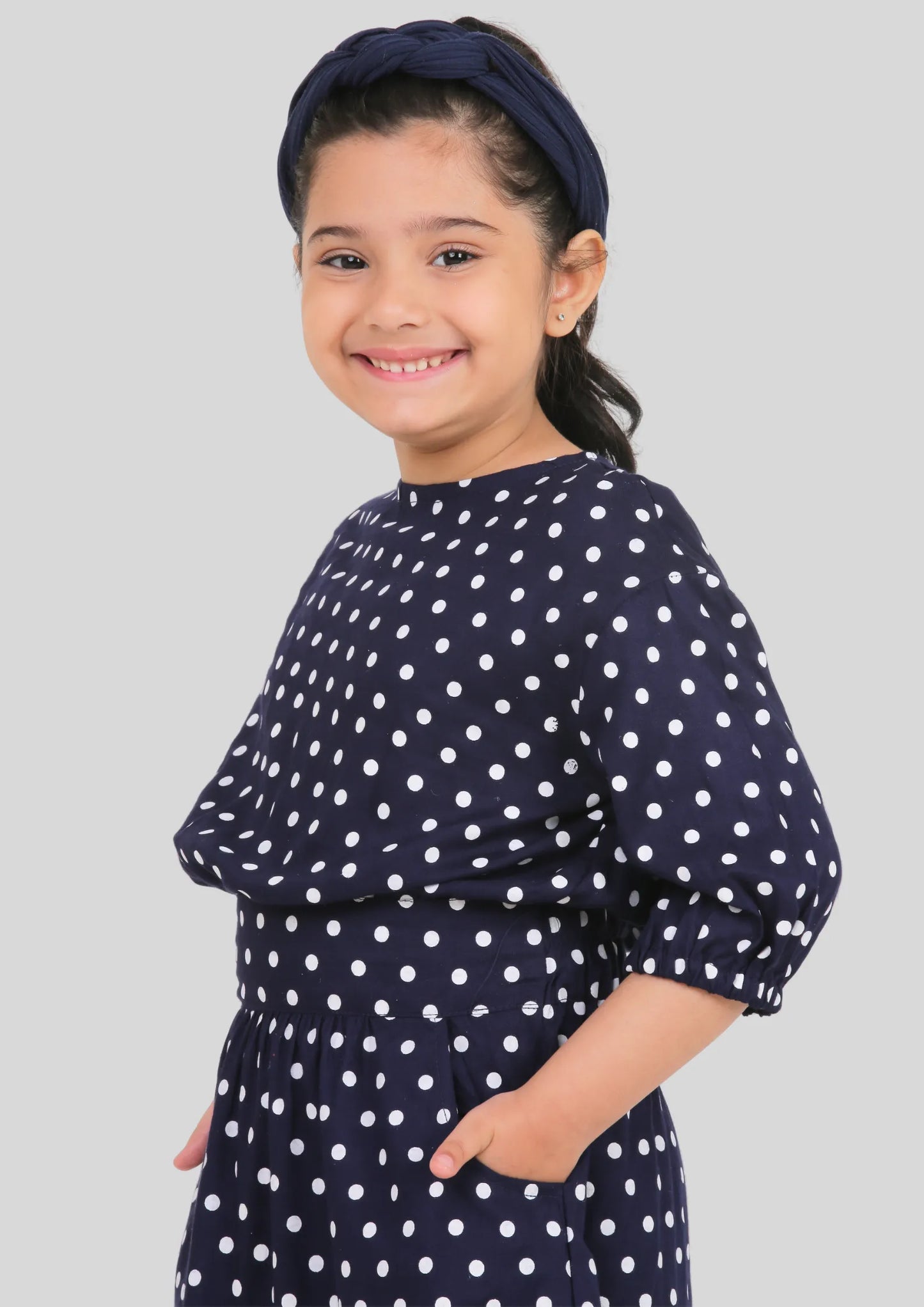 Navy Blue Polka Dot Drop Shoulder Midi Dress with Pocket