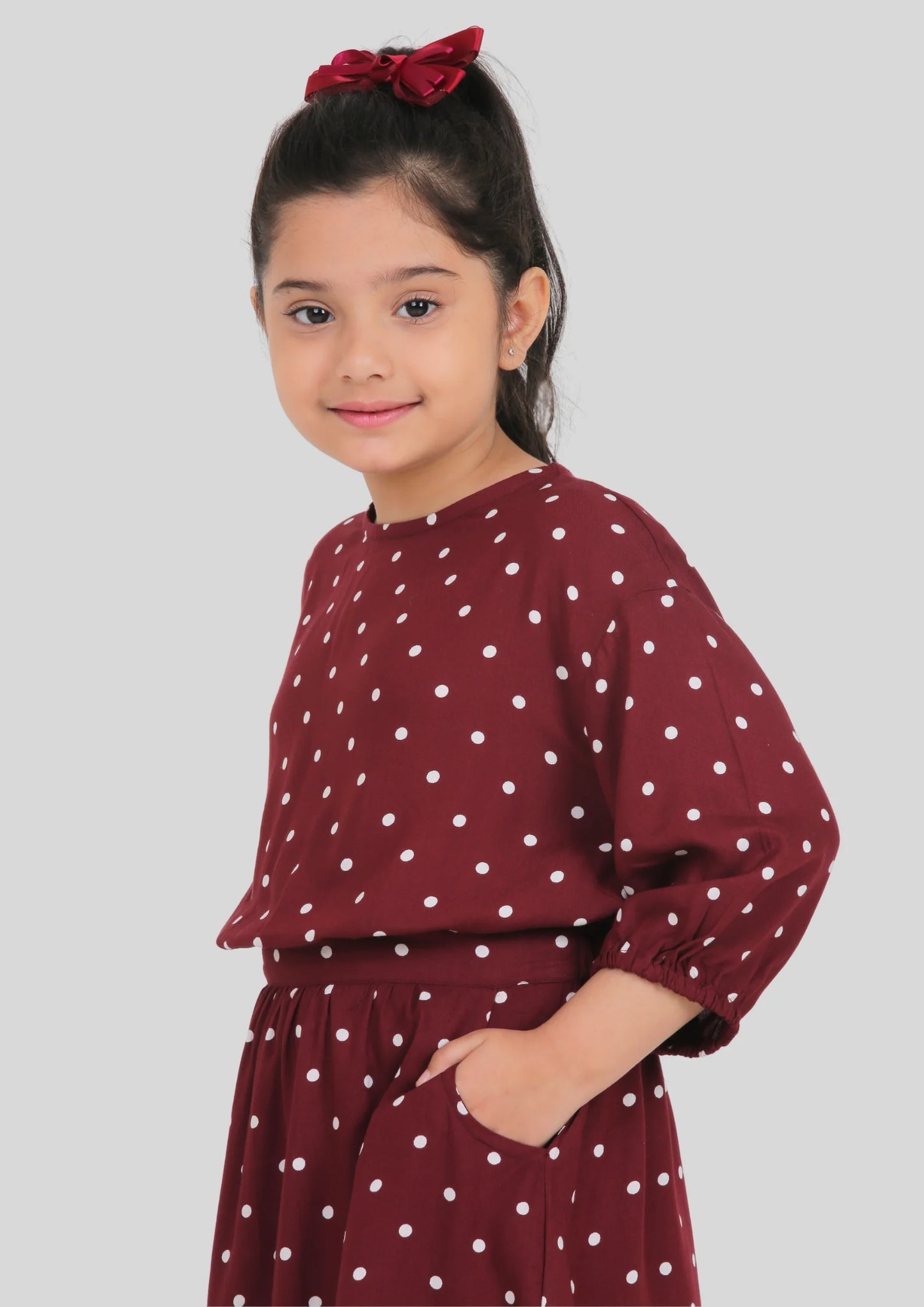 Maroon Polka Dot Drop Shoulder Midi Dress with Pocket