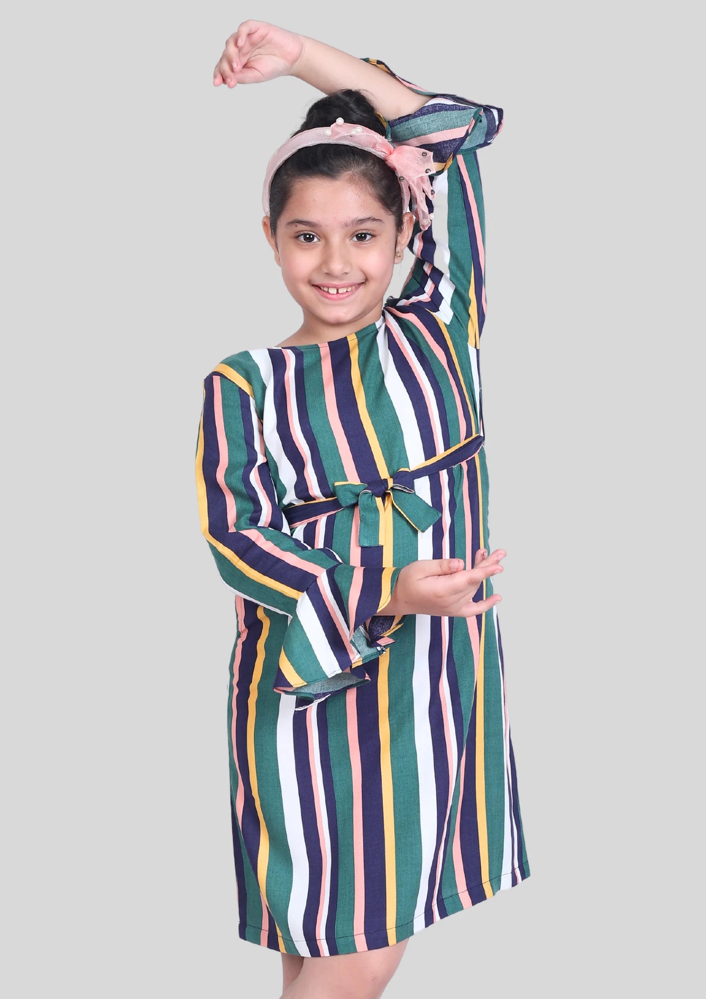 Multicolor Stripe Full Sleeves Midi Dress with Pocket