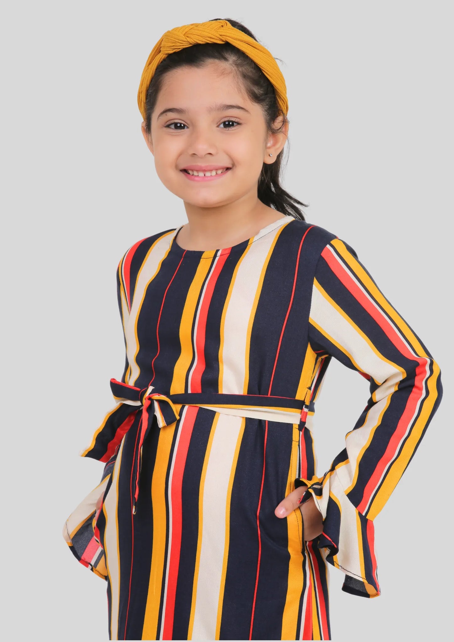 Multicolor Stripe Full Sleeves Midi Dress with Pocket