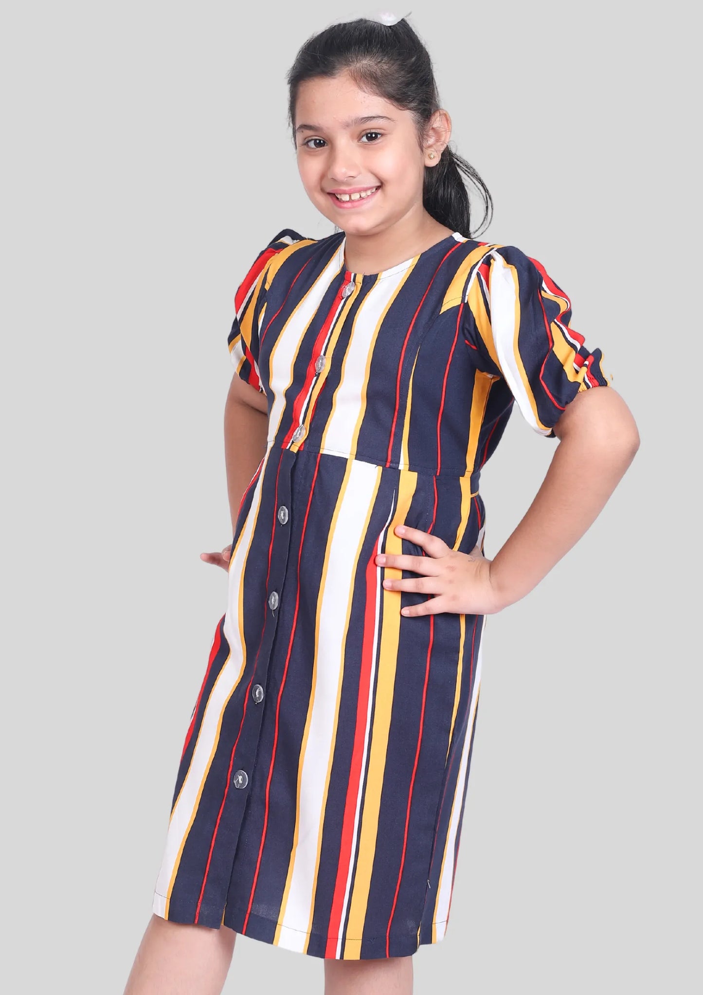 Multicolor Stripe Half Sleeves Midi Dress with Pocket