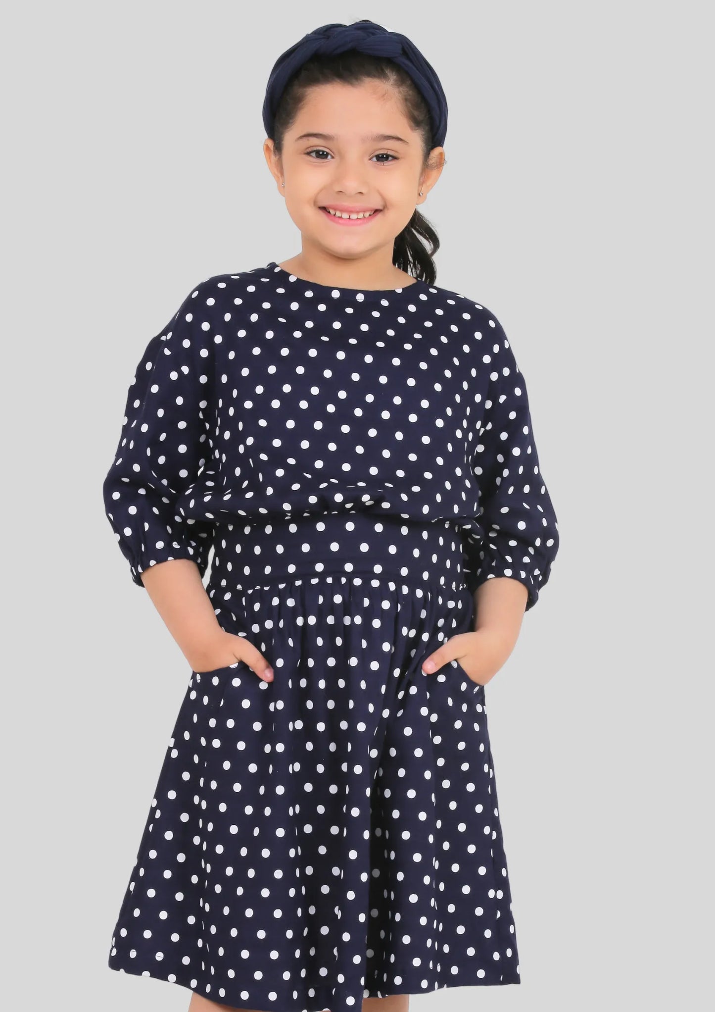 Navy Blue Polka Dot Drop Shoulder Midi Dress with Pocket