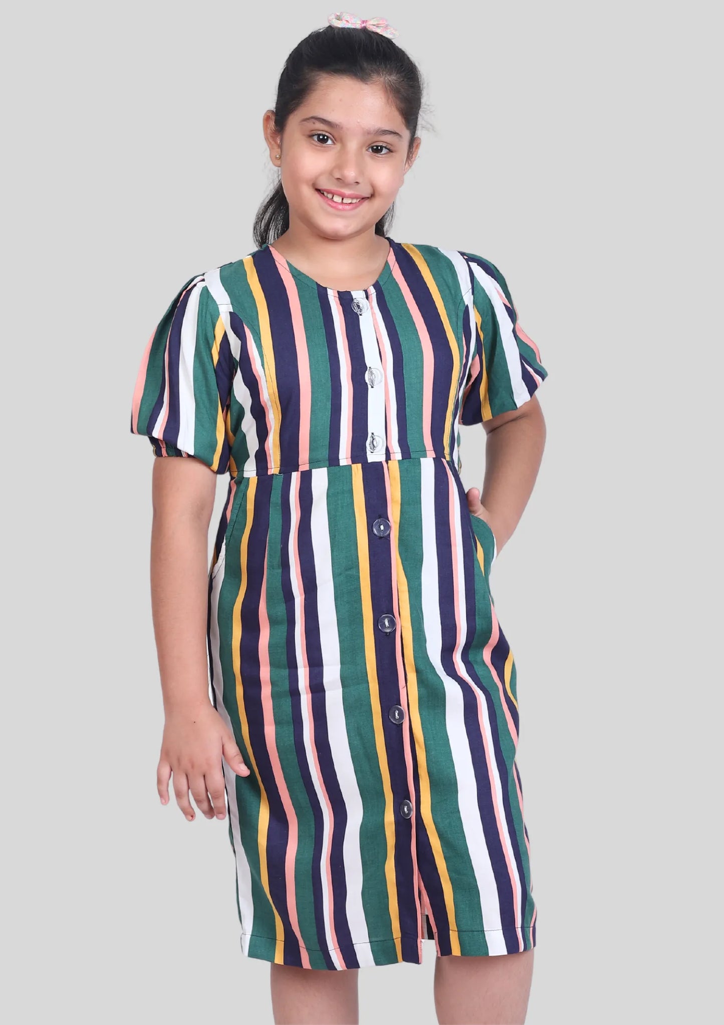 Multicolor Stripe Half Sleeves Midi Dress with Pocket