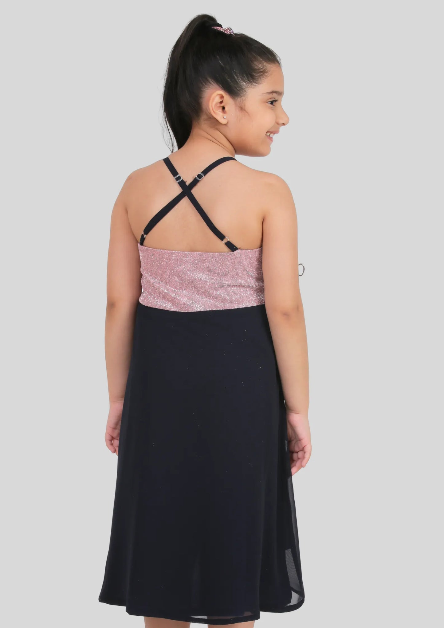 Pink and Navy Blue Party Wear Dress (Georgette)