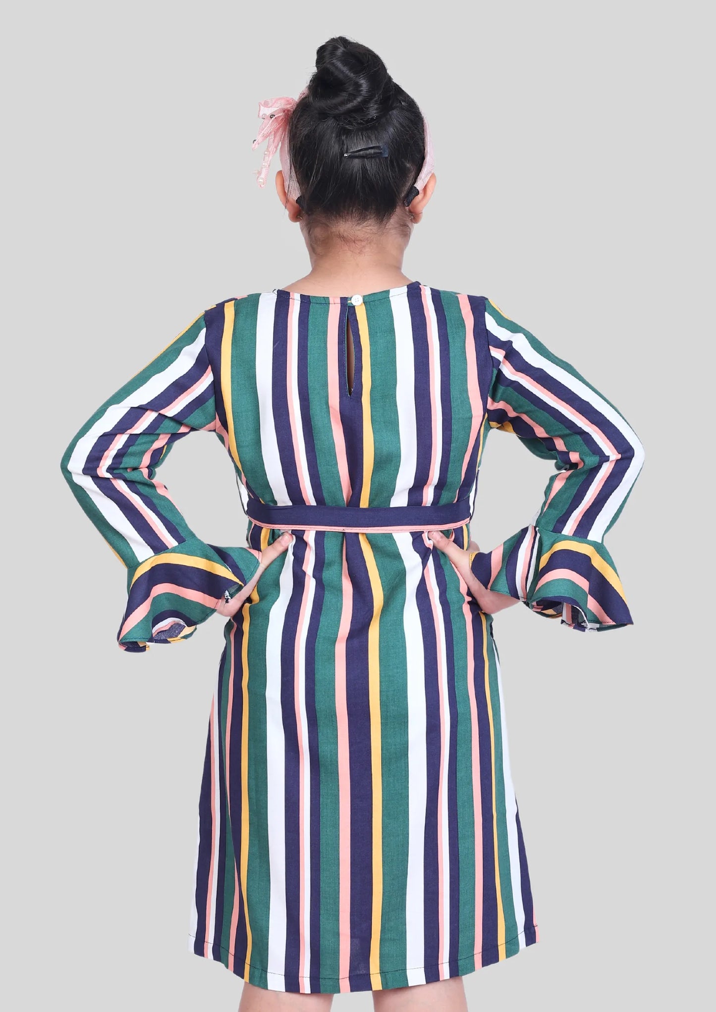 Multicolor Stripe Full Sleeves Midi Dress with Pocket
