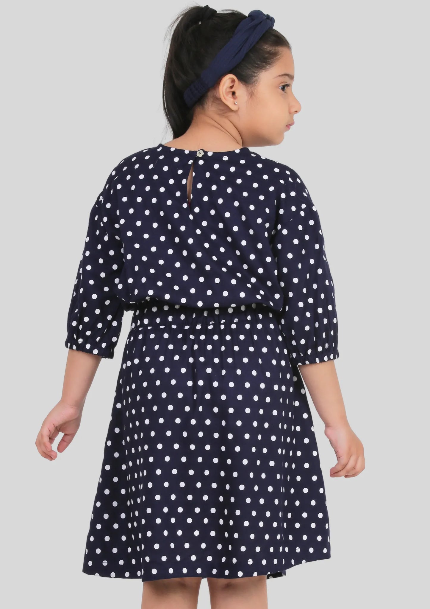 Navy Blue Polka Dot Drop Shoulder Midi Dress with Pocket