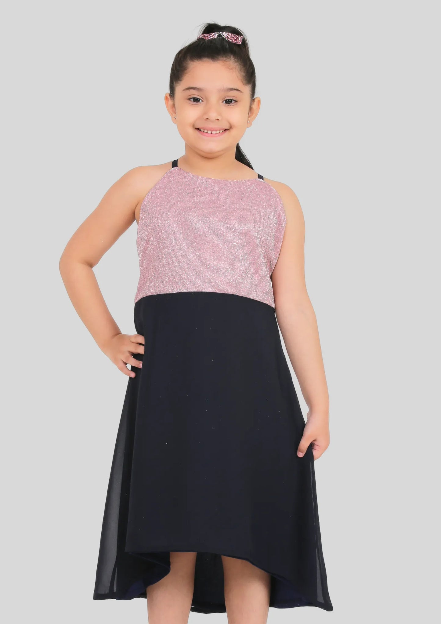 Pink and Navy Blue Party Wear Dress (Georgette)