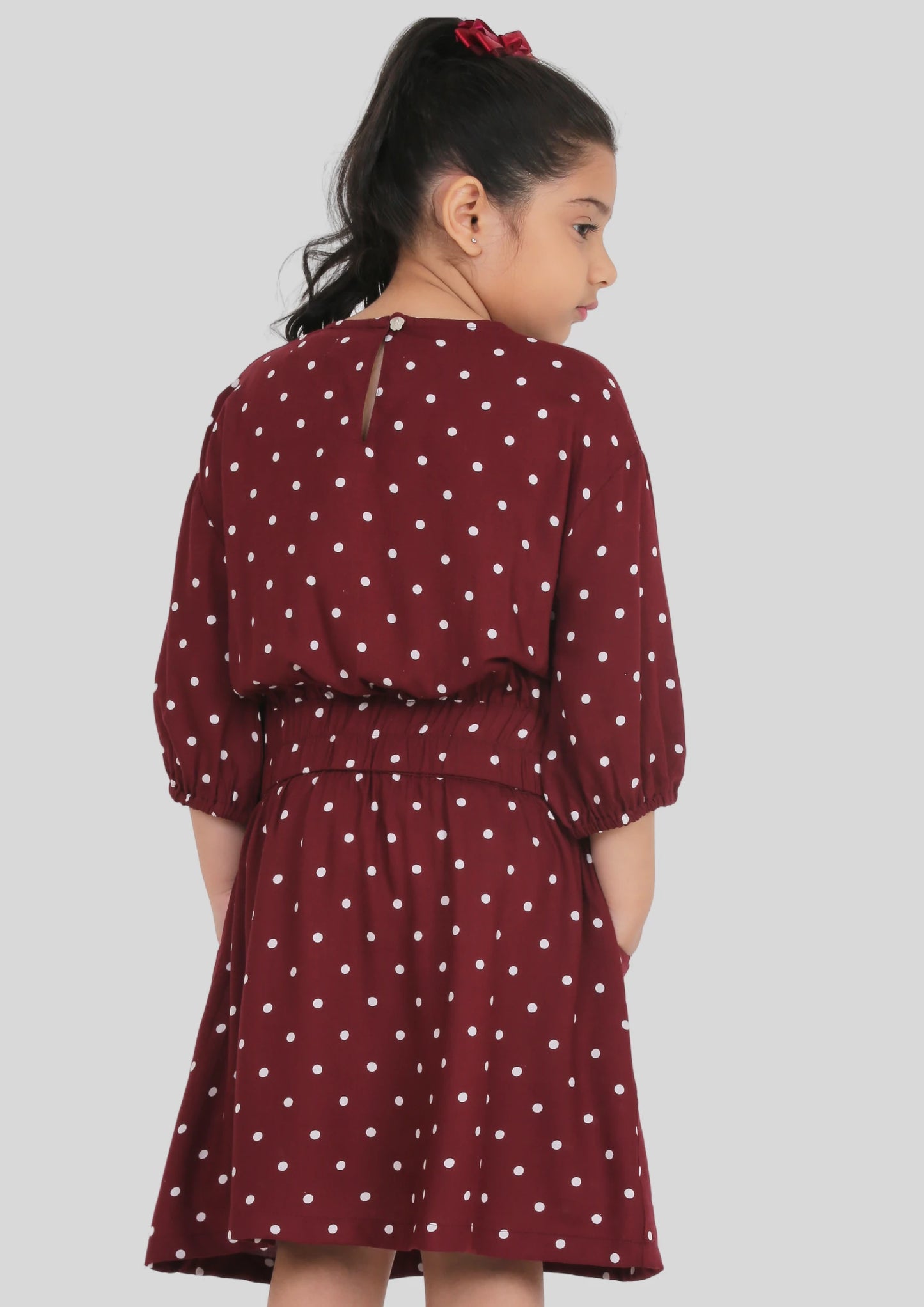 Maroon Polka Dot Drop Shoulder Midi Dress with Pocket