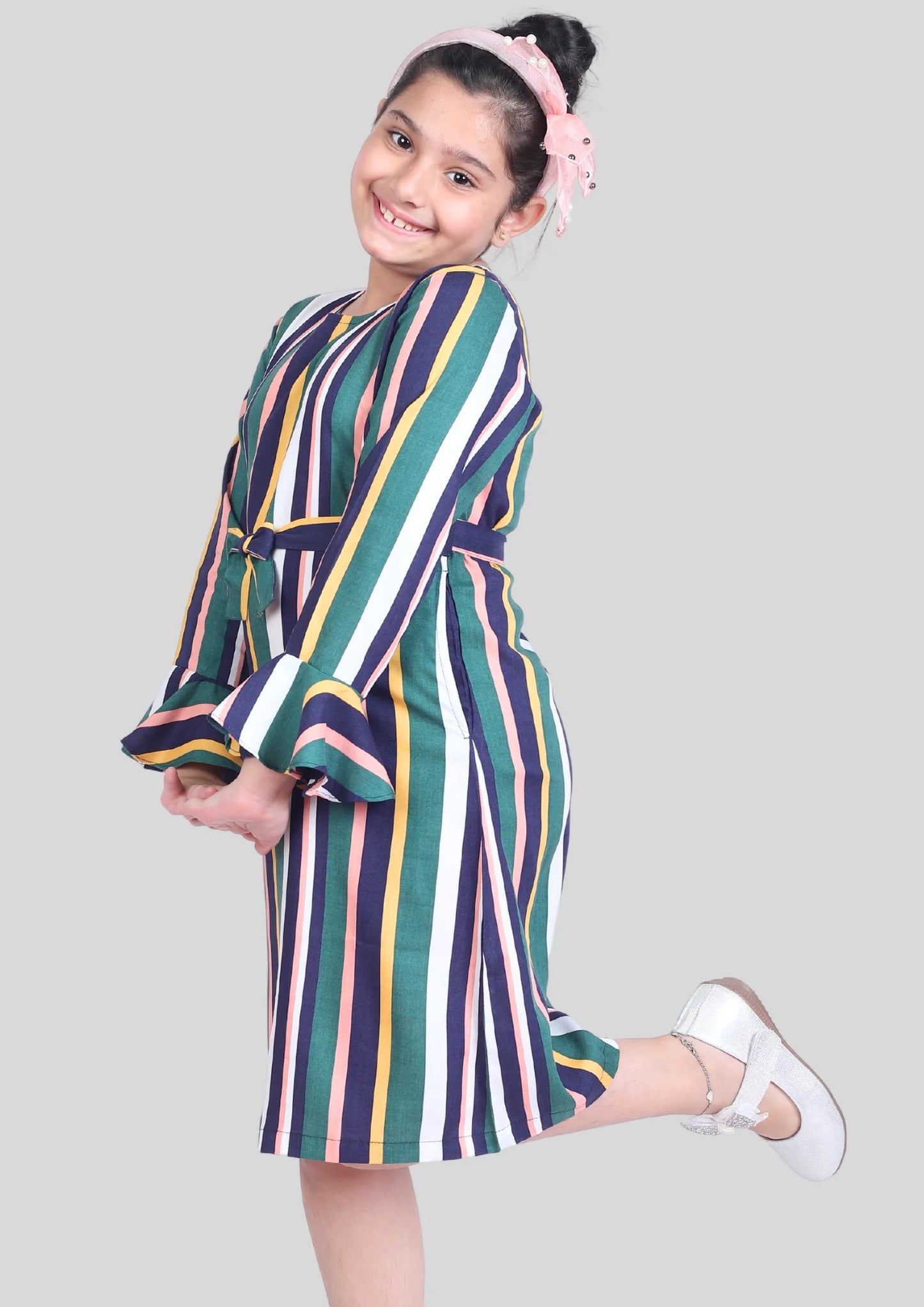 Multicolor Stripe Full Sleeves Midi Dress with Pocket
