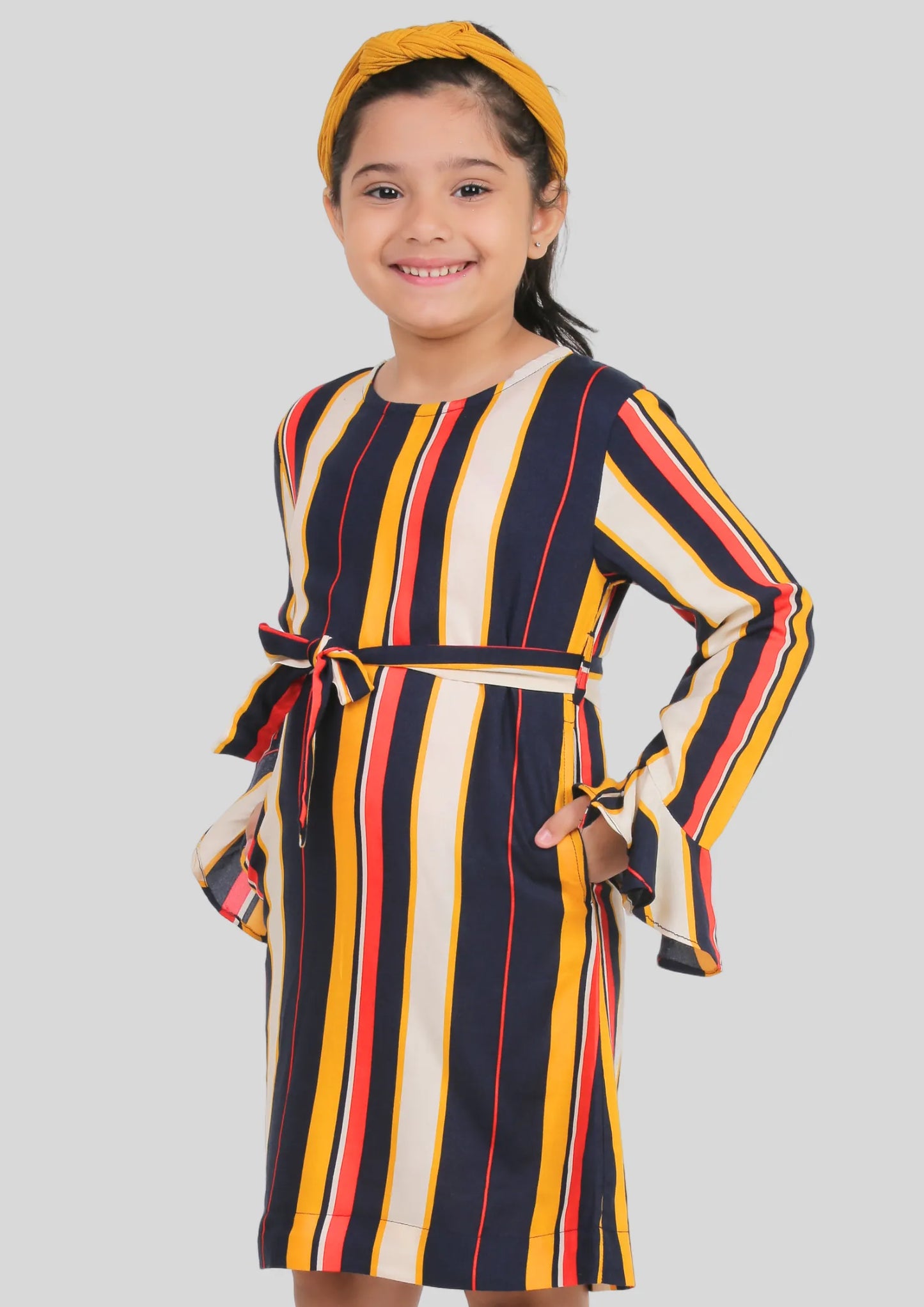 Multicolor Stripe Full Sleeves Midi Dress with Pocket