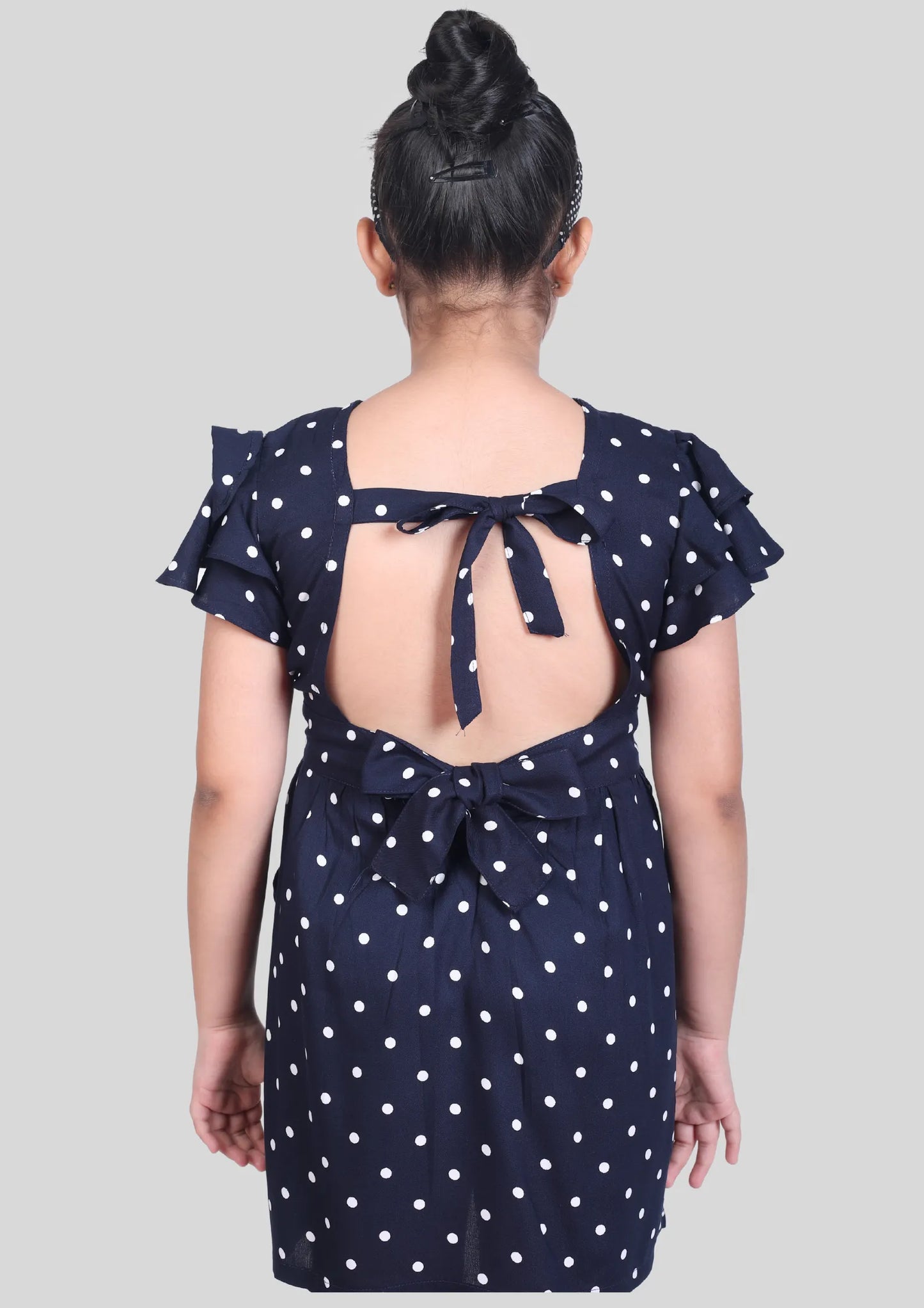 Navy Blue Polka Dot Backless Midi Dress with Pocket