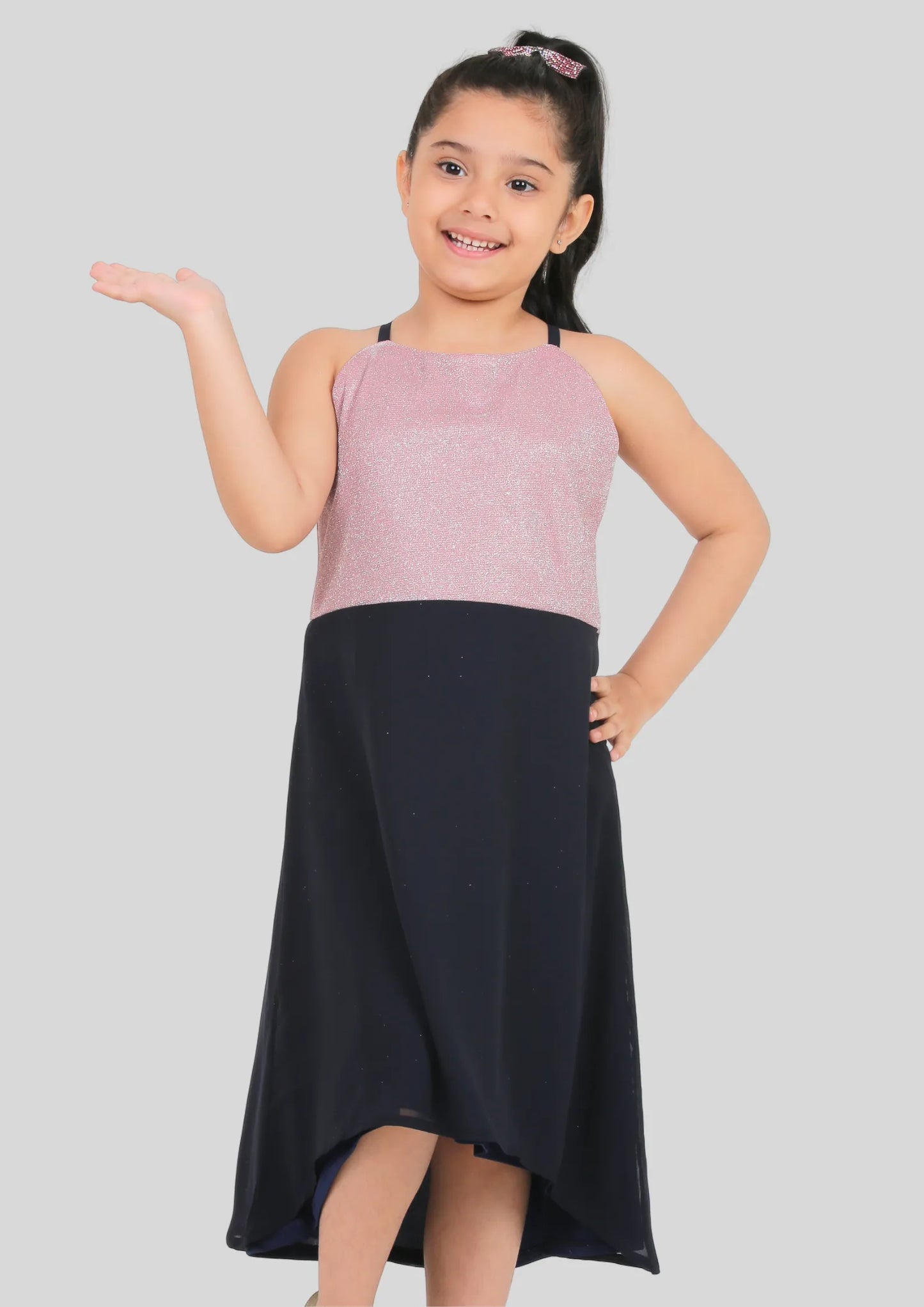 Pink and Navy Blue Party Wear Dress (Georgette)