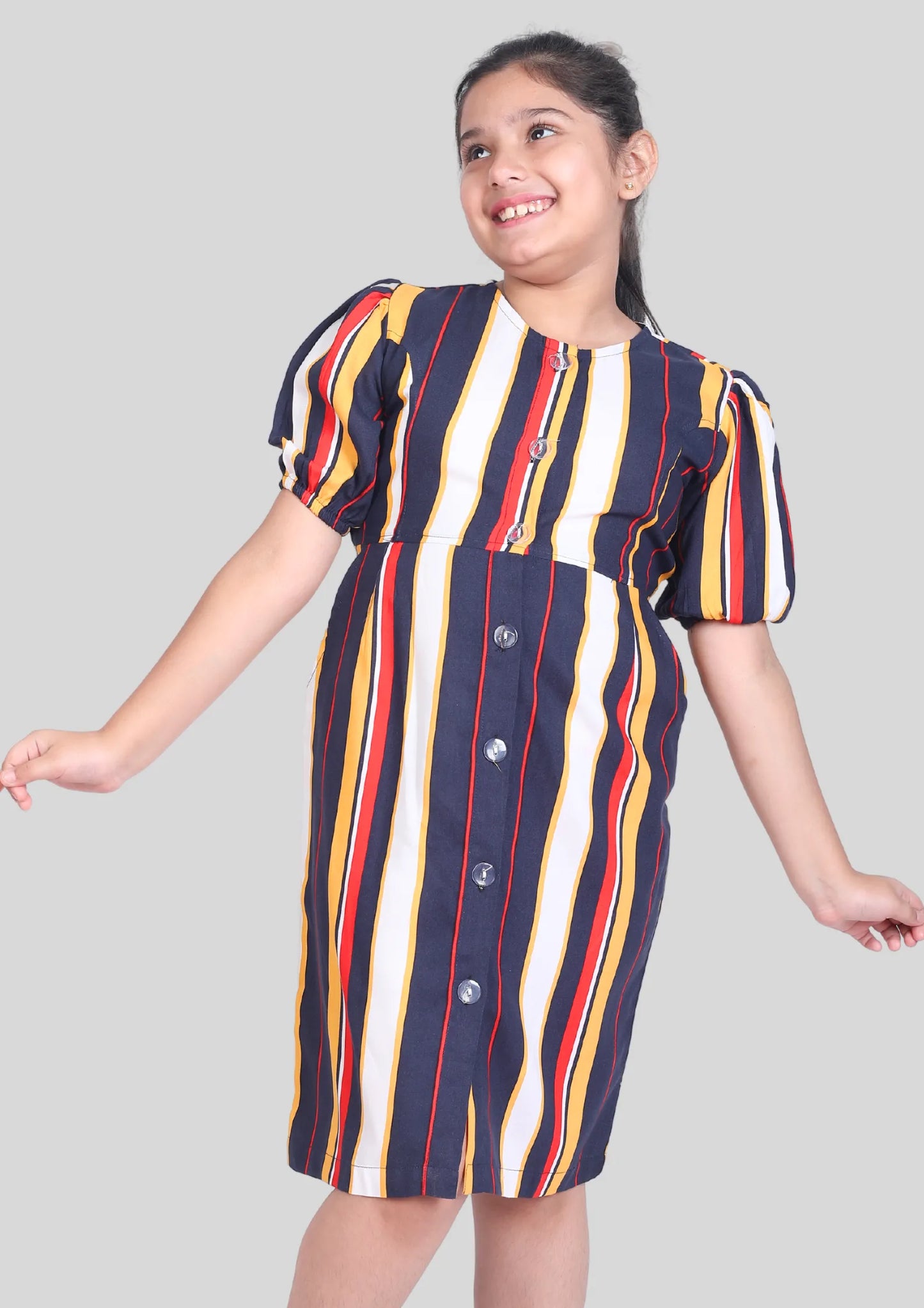Multicolor Stripe Half Sleeves Midi Dress with Pocket