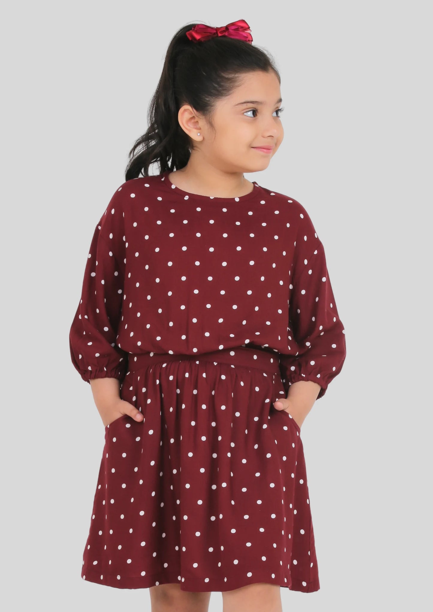 Maroon Polka Dot Drop Shoulder Midi Dress with Pocket