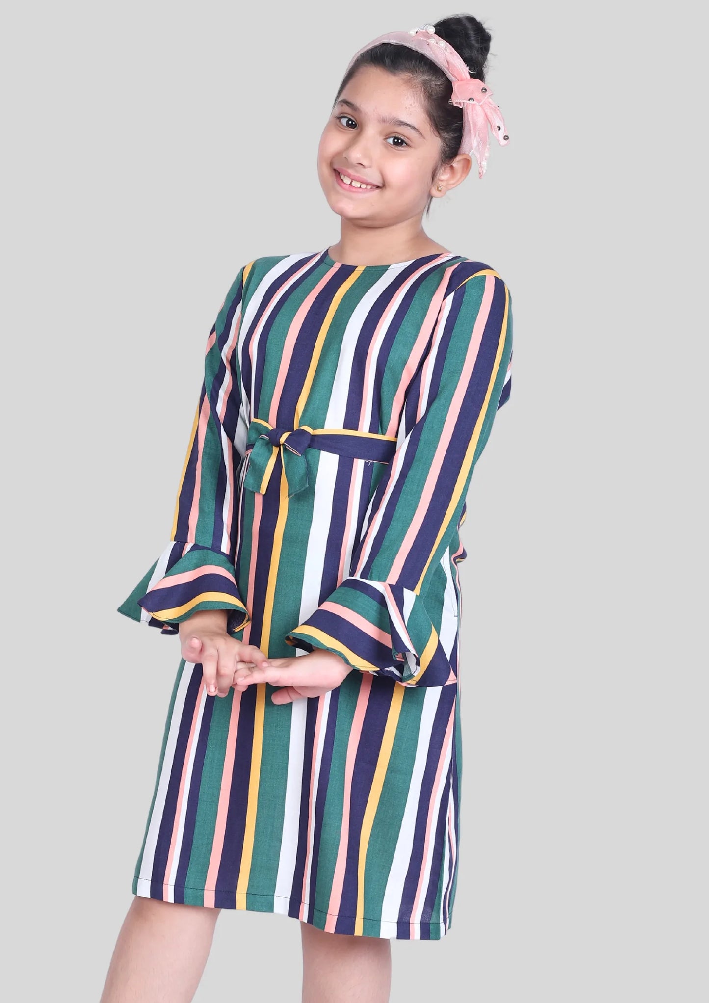 Multicolor Stripe Full Sleeves Midi Dress with Pocket