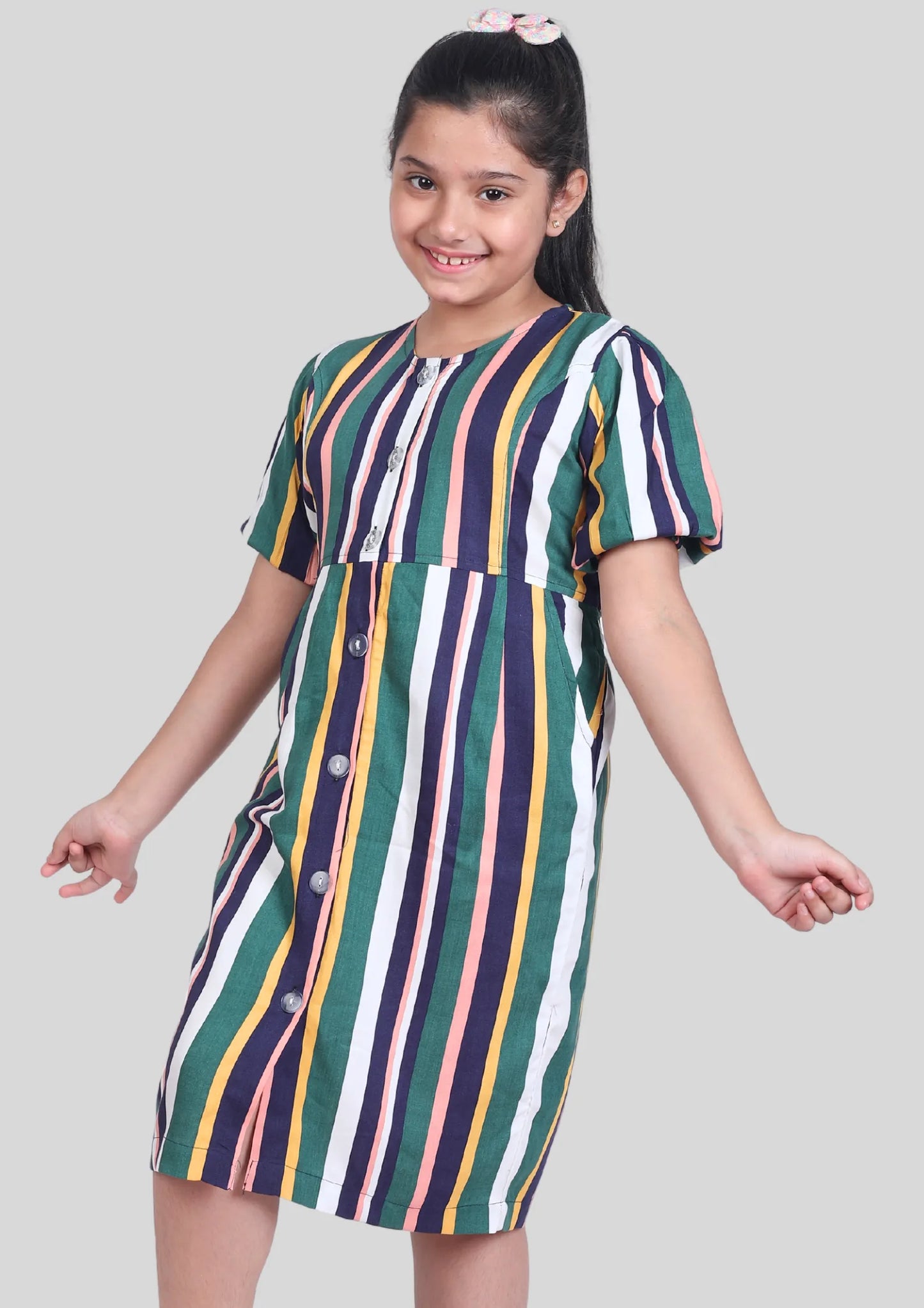 Multicolor Stripe Half Sleeves Midi Dress with Pocket