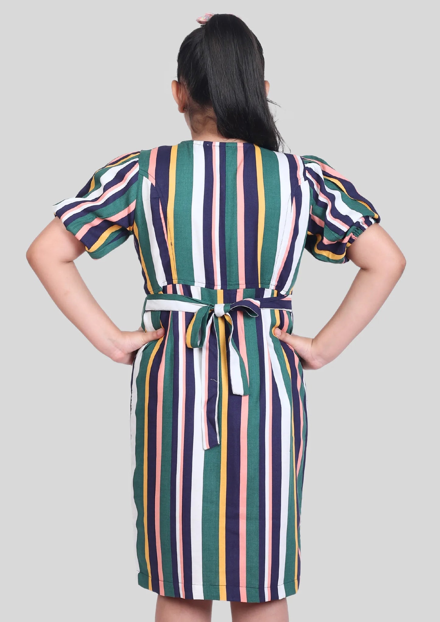 Multicolor Stripe Half Sleeves Midi Dress with Pocket