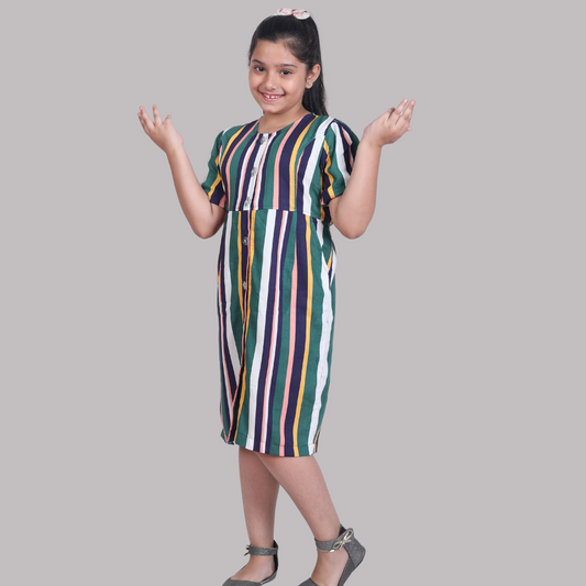 Multicolor Stripe Half Sleeves Midi/Knee Length Dress(Rayon)