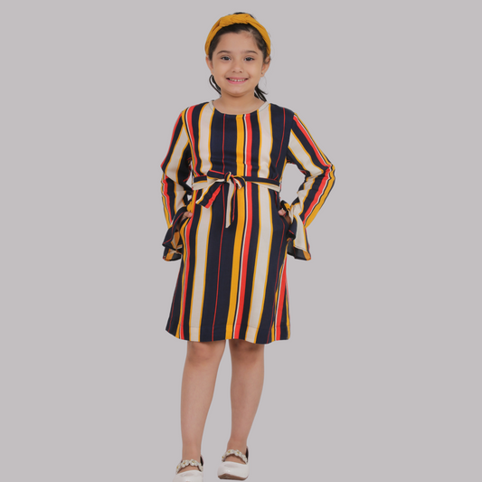 Multicolor Stripe Full Sleeves Midi Dress with Pocket