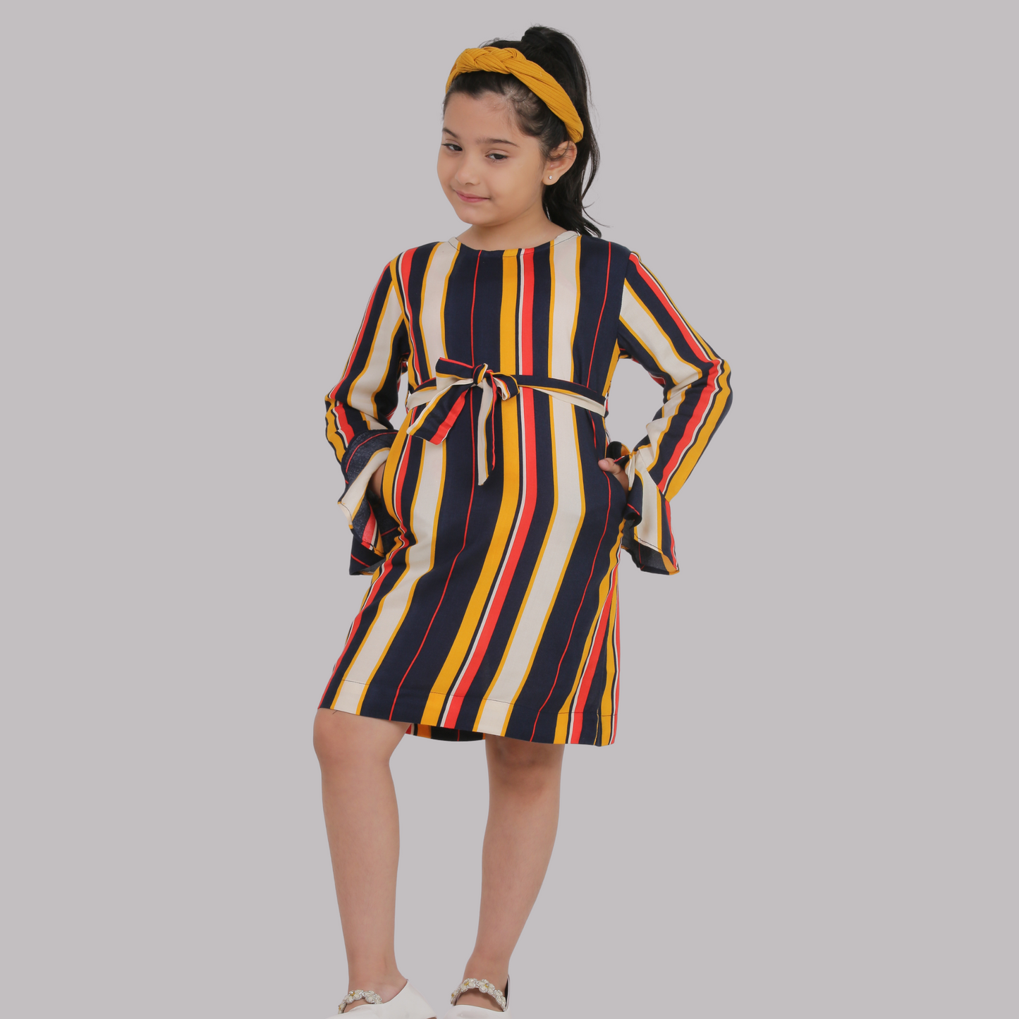Multicolor Stripe Full Sleeves Midi/Knee Length Dress ( Rayon)