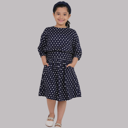 Navy Blue Polka Dot Midi Dress for Girls - Perfect Fit with Drop Shoulder & 3/4 Sleeves ( Rayon)