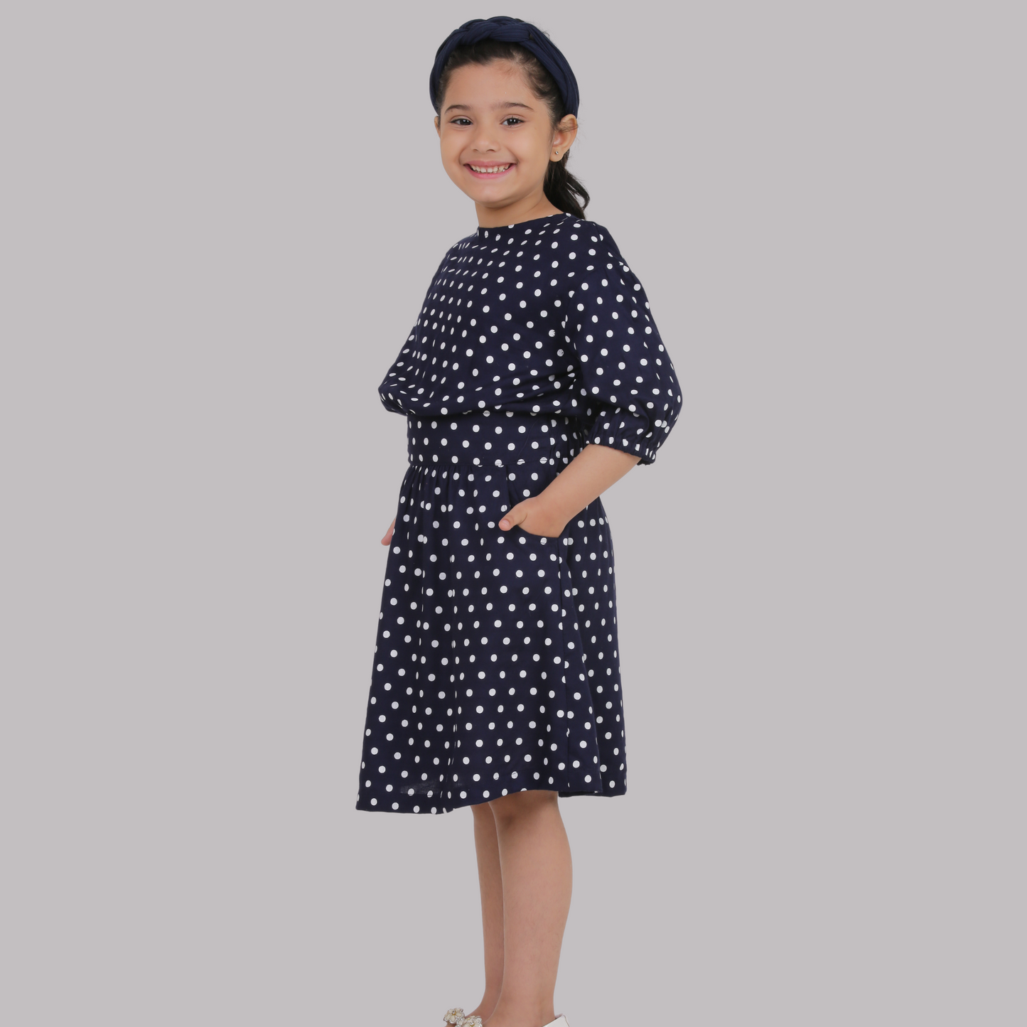 Navy Blue Polka Dot Midi Dress for Girls - Perfect Fit with Drop Shoulder & 3/4 Sleeves ( Rayon)