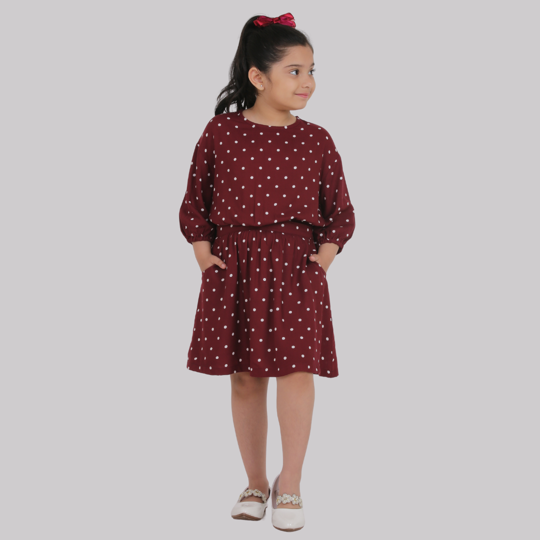 Maroon Polka Dot Midi Dress for Girls - Perfect Fit with Drop Shoulder & 3/4 Sleeves ( Rayon)