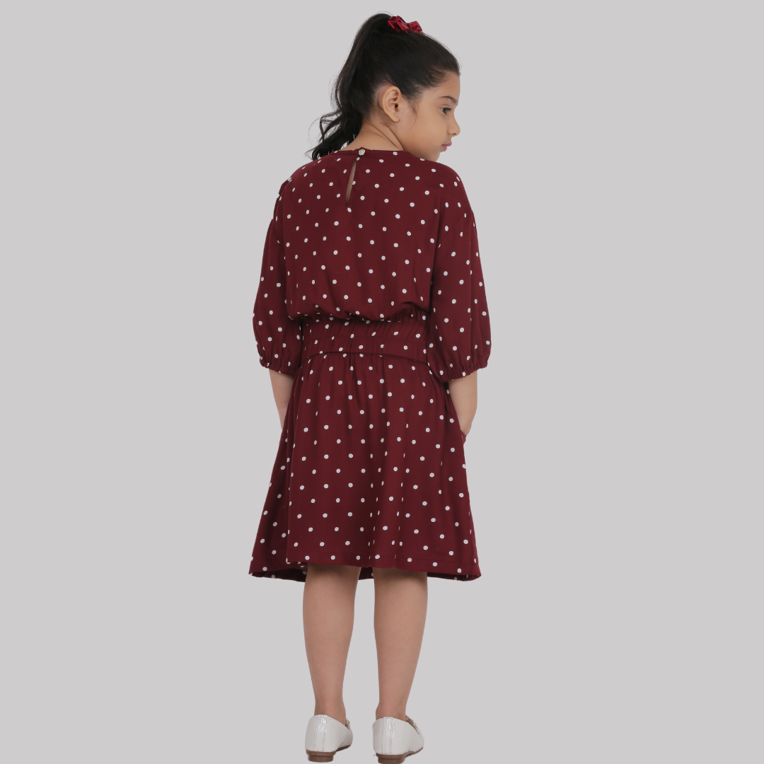 Maroon Polka Dot Midi Dress for Girls - Perfect Fit with Drop Shoulder & 3/4 Sleeves ( Rayon)