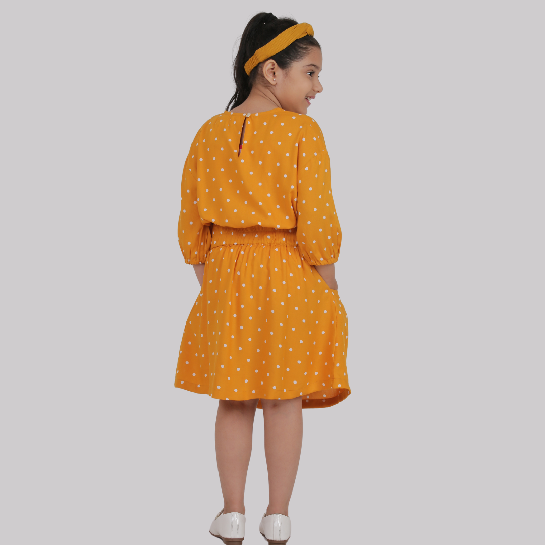 Mustard Yellow Polka Dot Midi Dress for Girls - Perfect Fit with Drop Shoulder & 3/4 Sleeves ( Rayon)