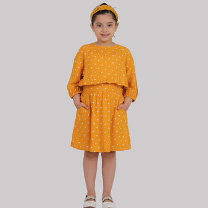 Mustard Yellow Polka Dot Midi Dress for Girls - Perfect Fit with Drop Shoulder & 3/4 Sleeves ( Rayon)