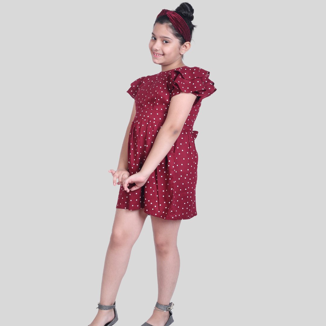 Maroon Polka Dot Casual Dress ( Rayon)