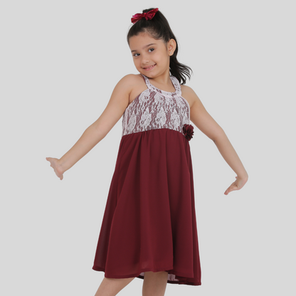 Maroon and White Lace Midi Knee Length Dress( Georgette)