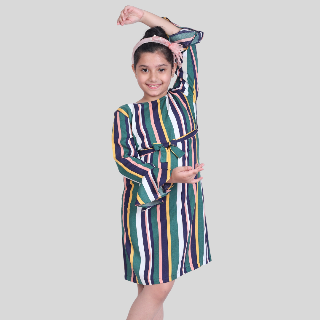 Multicolor Stripe Full Sleeves Midi/Knee Length Dress ( Rayon)