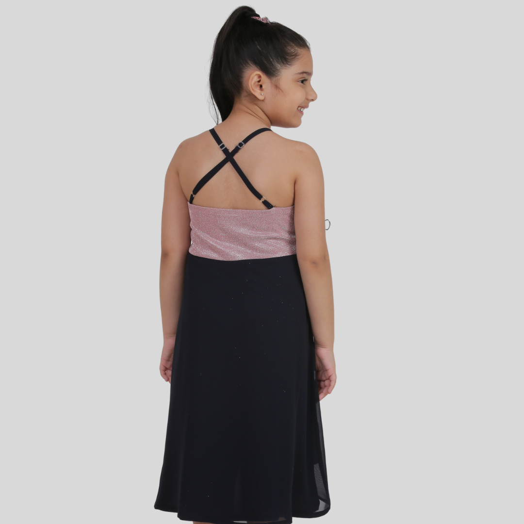 Pink and Navy Blue Party Wear Dress (Georgette)