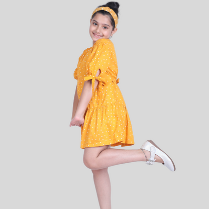 Mustard Yellow Polka Dot Knot Sleeves Midi/Knee Length Dress ( Rayon)