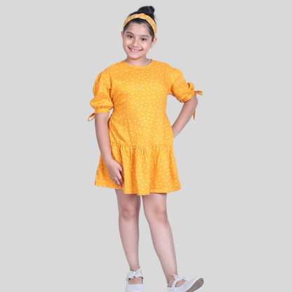 Mustard Yellow Polka Dot Knot Sleeves Midi/Knee Length Dress ( Rayon)
