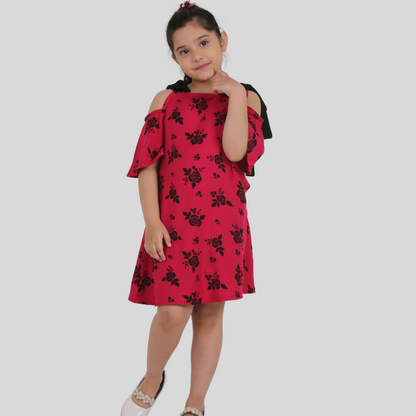 Pink Floral Black Strap Midi/Knee Length Dress