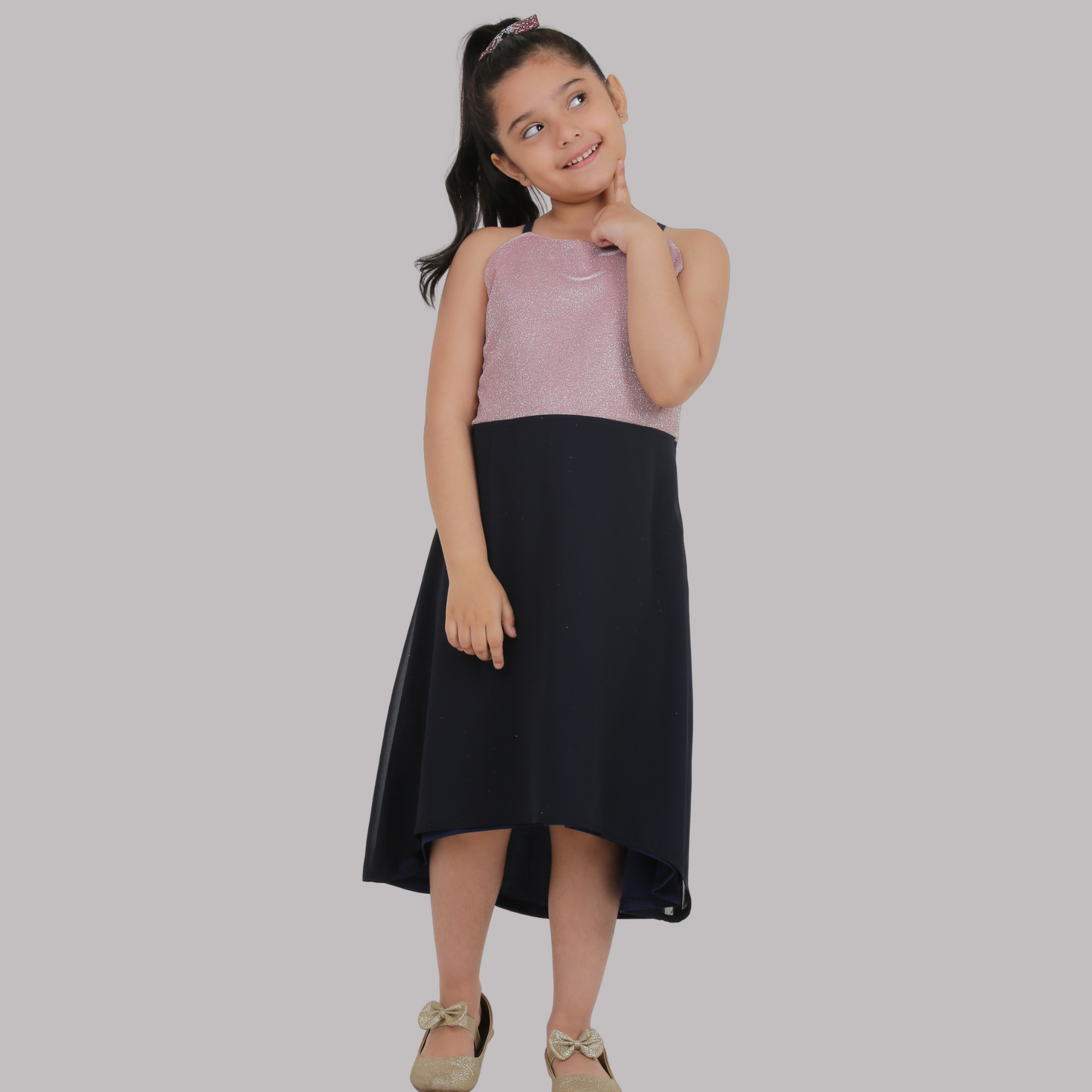 Pink and Navy Blue Party Wear Dress (Georgette)
