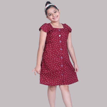 Salvia Kids Maroons Polka Dot Dress(Rayon)