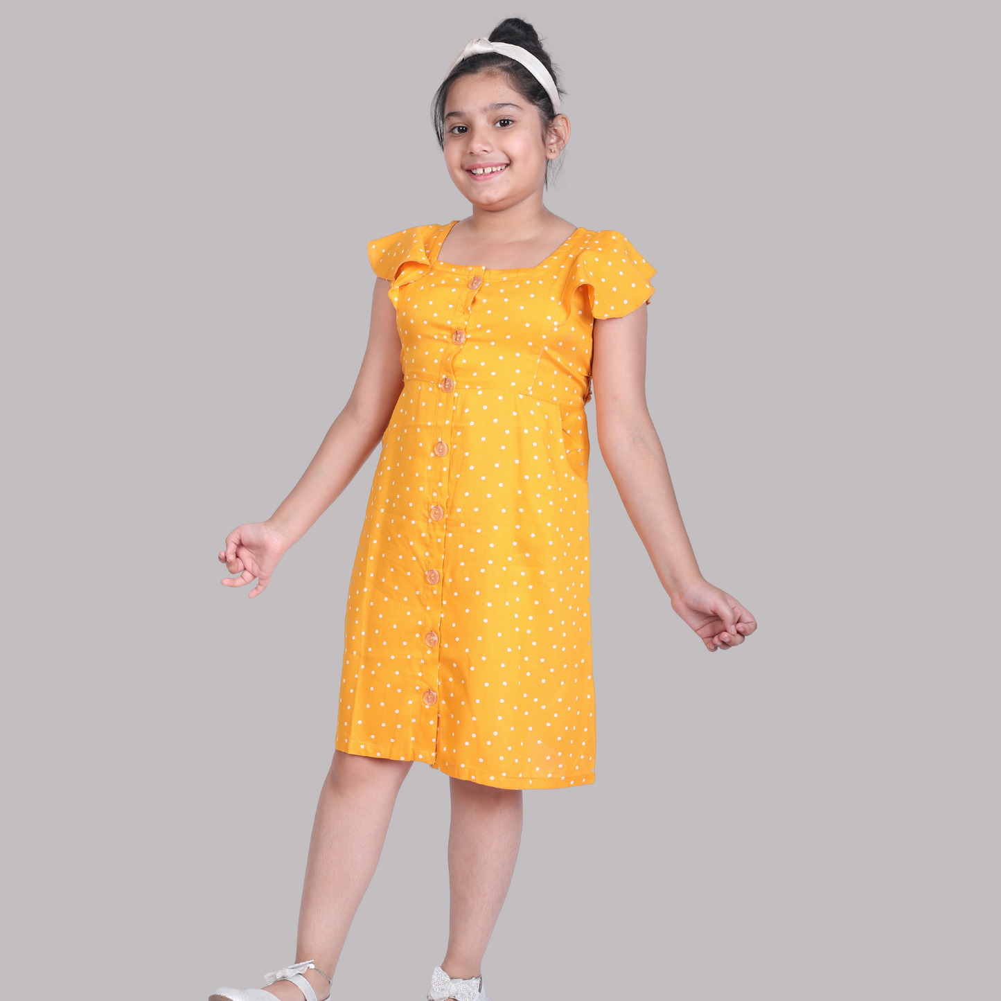 Salvia Kids Mustard Yellow Polka Dot dress( Rayon)