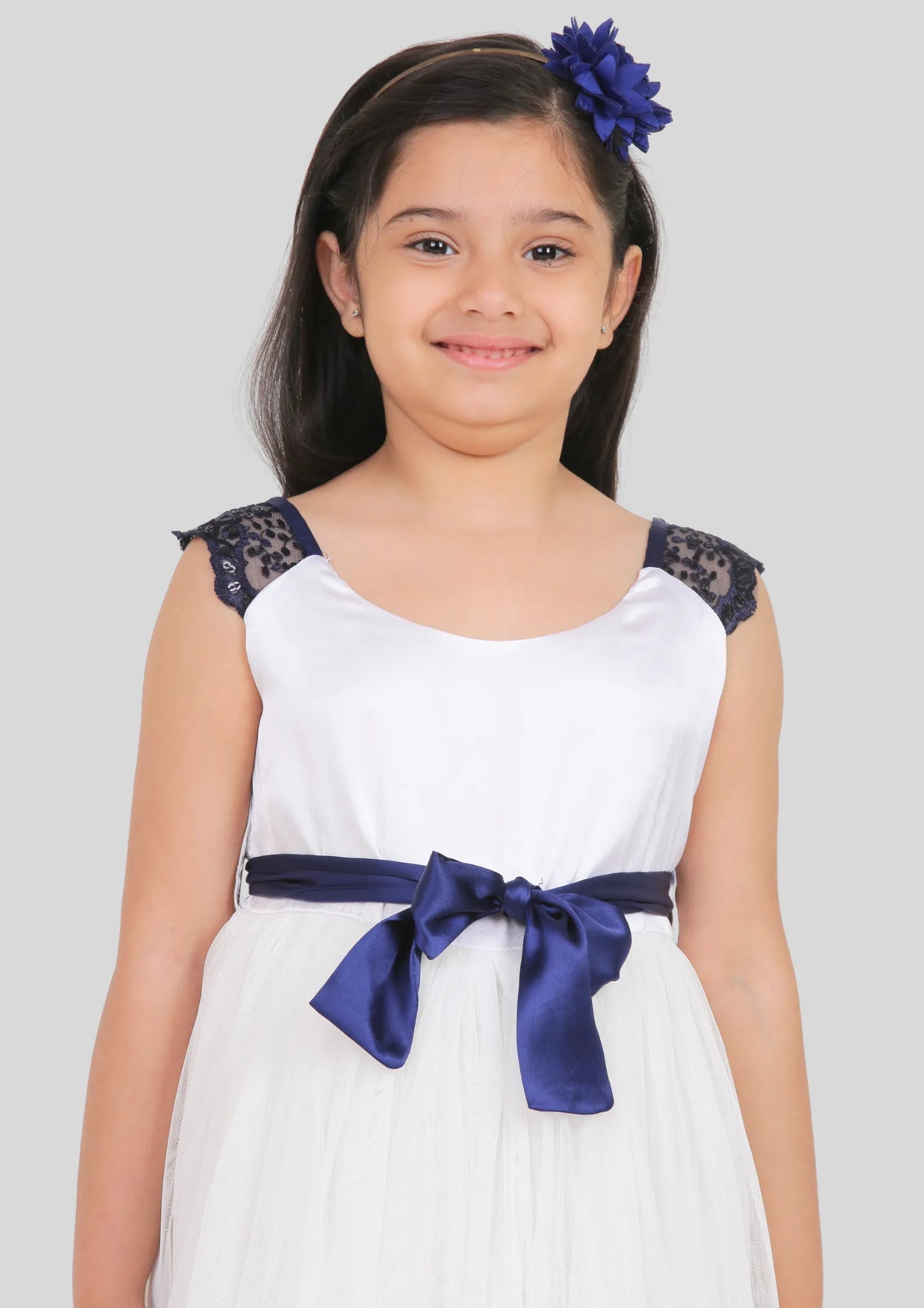 White and Navy Blue Midi Party Dress